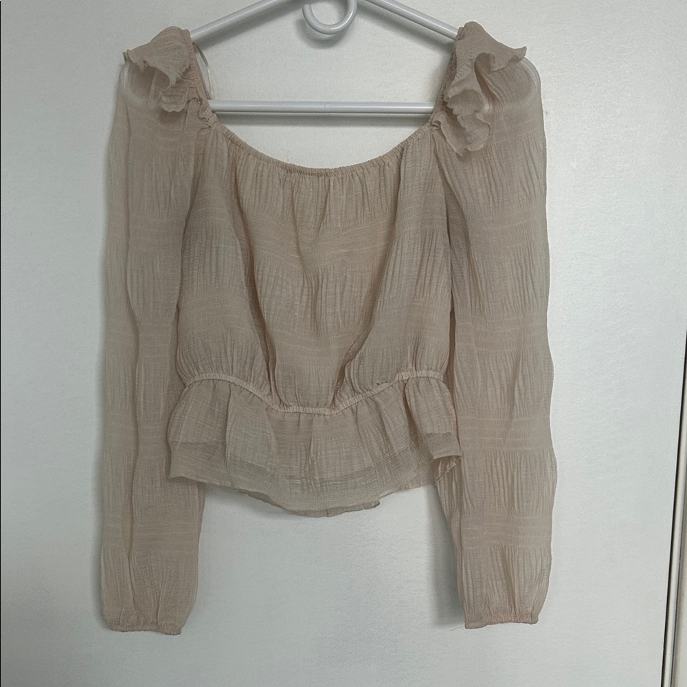 Cream Ruffled Long-Sleeve Blouse
